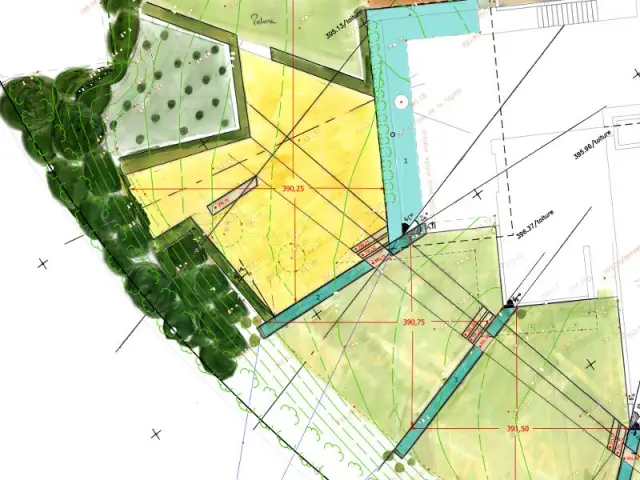 Un jardin construit dans le prolongement des angles de la maison  - Jardin stratifié 