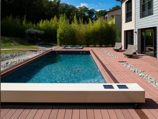 Une couverture de piscine dissimulée dans une terrasse paysagère