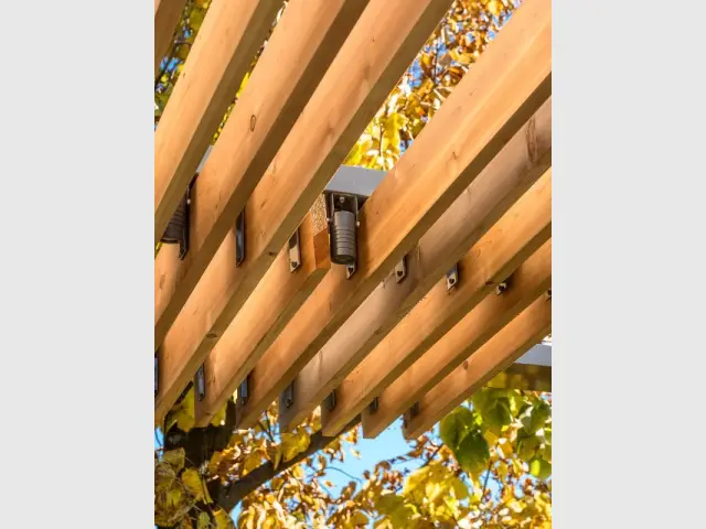 Un toit de pergola en lames de bois ambré - Une terrasse en cèdre magnifie le paysage canadien