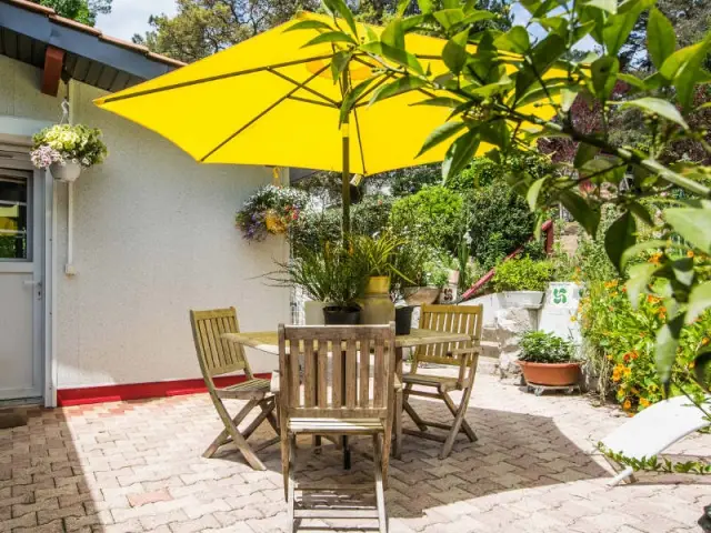 Un petit jardin à l'abri du soleil - un rouge flamboyant pour la façade d'une maison