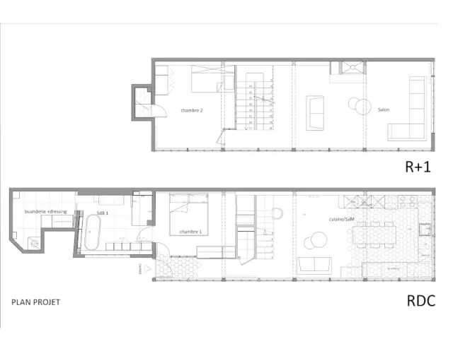 Plans de la maison après l'intervention de l'architecte, avec déplacement de l'escalier