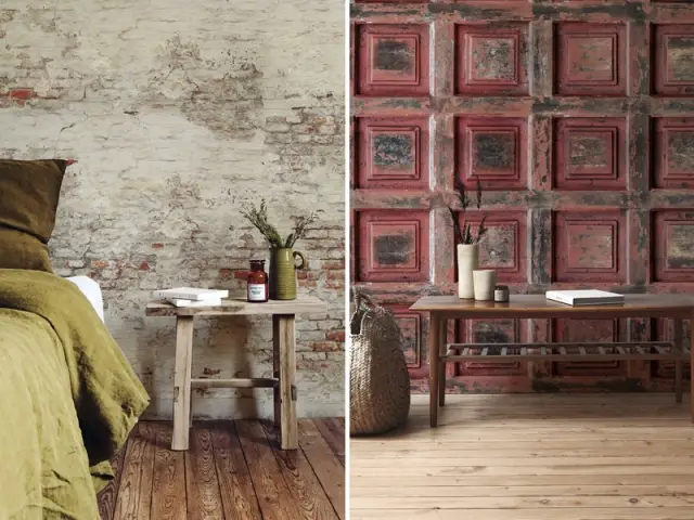 Papier peint Old Brick Wall et Red Vintage Wood, Les Dominotiers