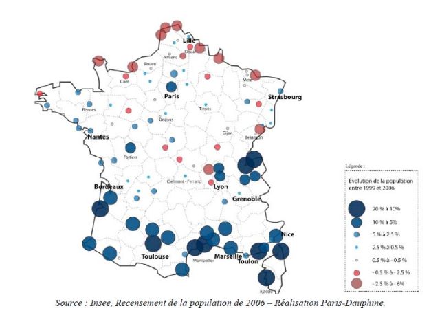 Les 100 plus grandes agglomérations françaises selon leur classe d'attractivité - Cliquez pour zoomer.